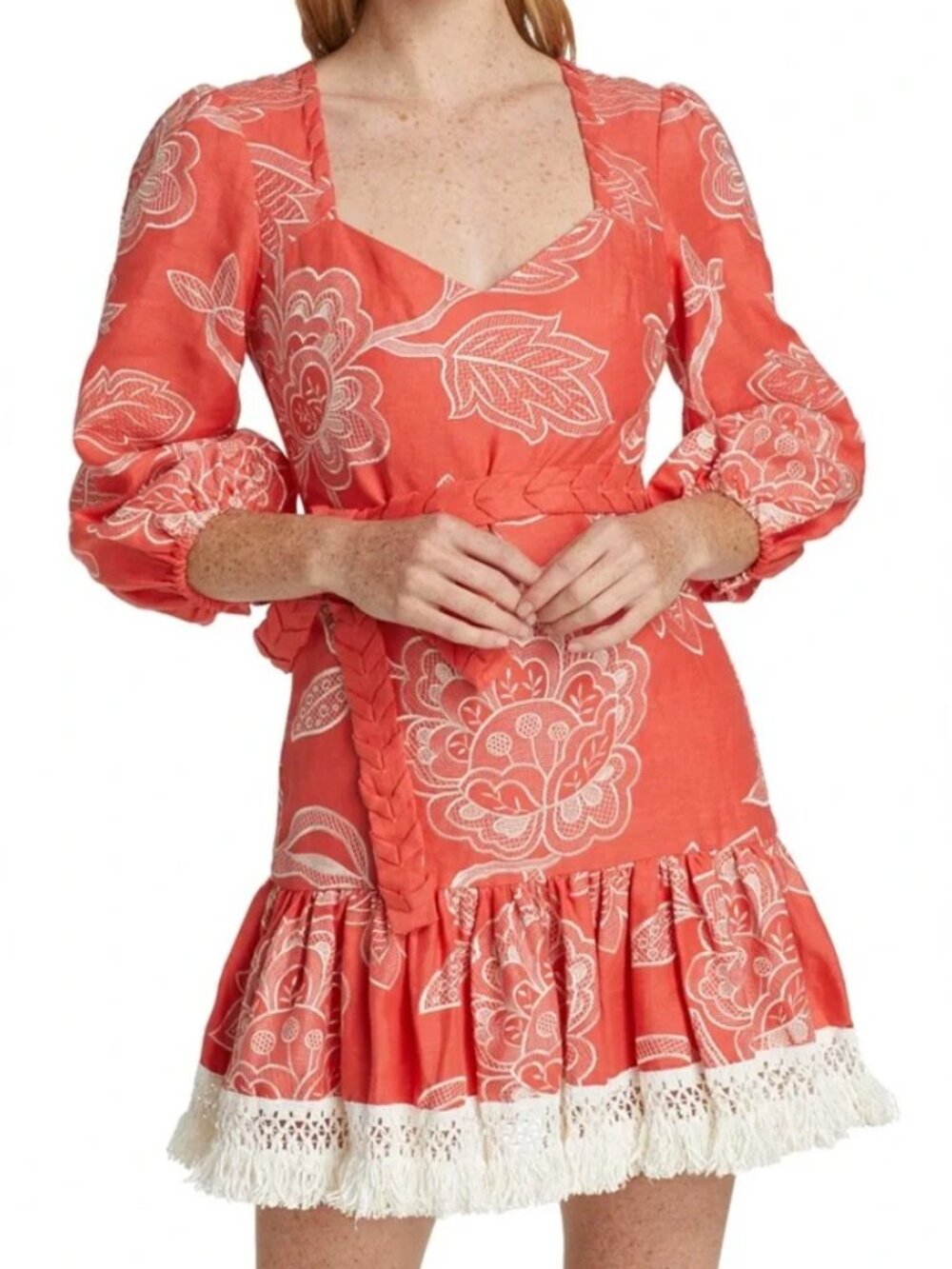 Alexis Claribel Floral Embroidered Linen Flounce Dress Coral Size M